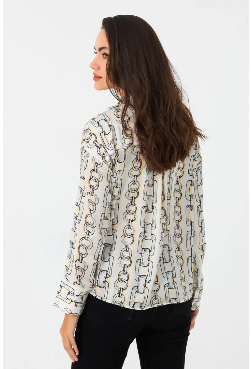 Kadın Ekru Zincir Desenli Saten Gömlek SHR9