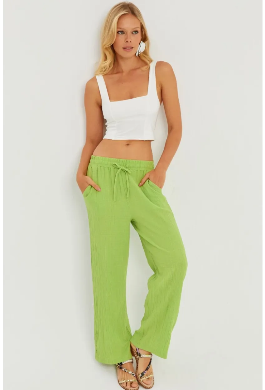 Kadın Fıstık Yeşil Beli Lastikli Bürümcük Pantolon ZER405