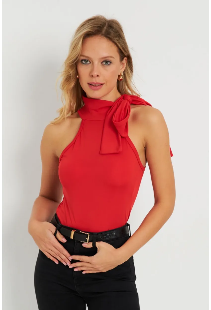 Kadın Fiyonklu Crop Bluz Kırmızı EY2726