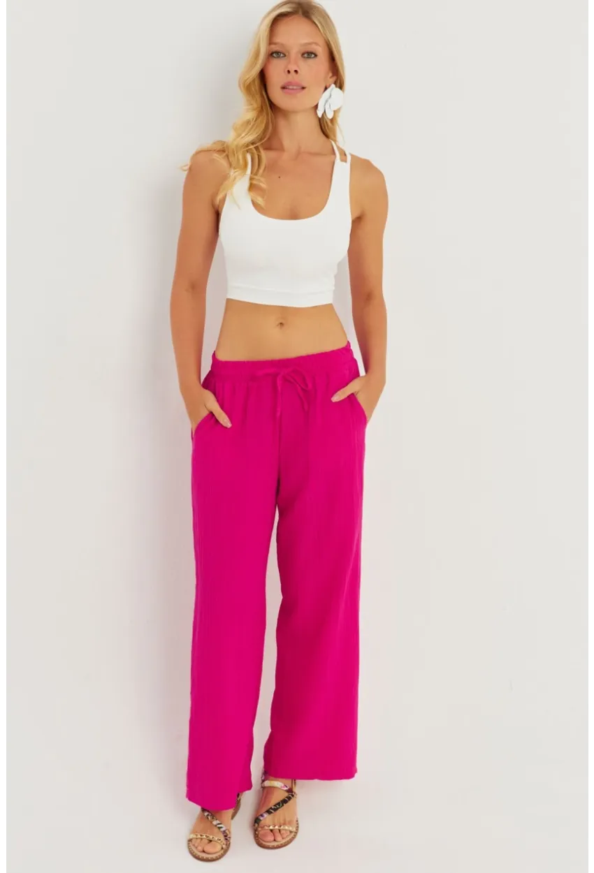 Kadın Fuşya Beli Lastikli Bürümcük Pantolon ZER405
