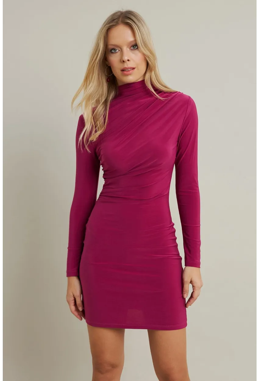 Kadın Fuşya Büzgülü Dik Yaka Mini Elbise ELT3138-90