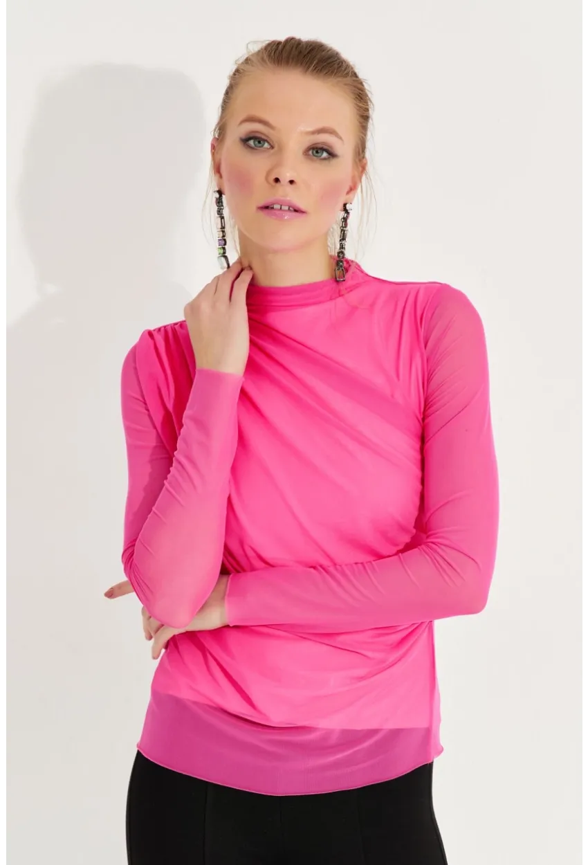 Kadın Fuşya Büzgülü Drapeli Tül Bluz LPP1244