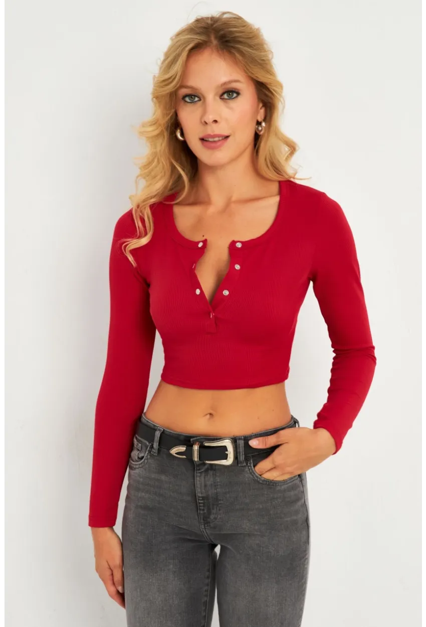 Kadın Fuşya Çıtçıtlı Crop Bluz CG379