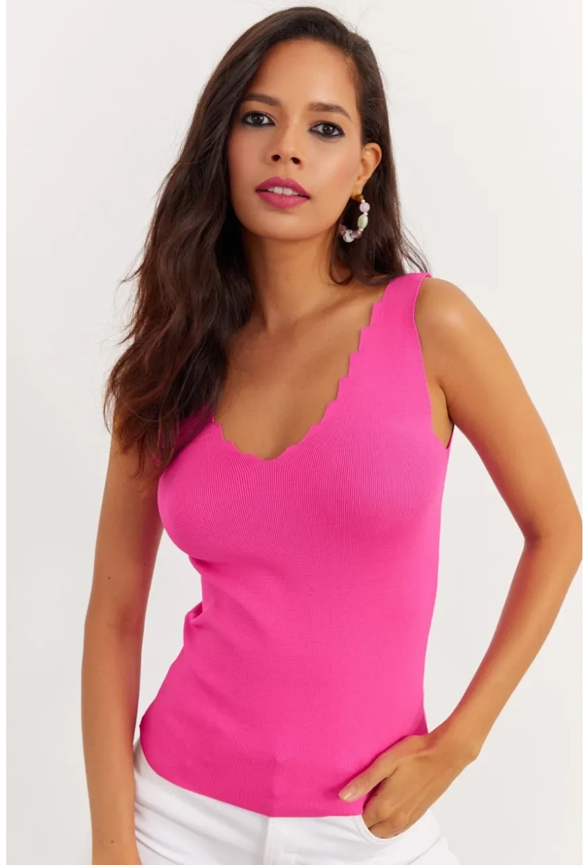 Kadın Fuşya Merdiven Yaka Triko Bluz YV83