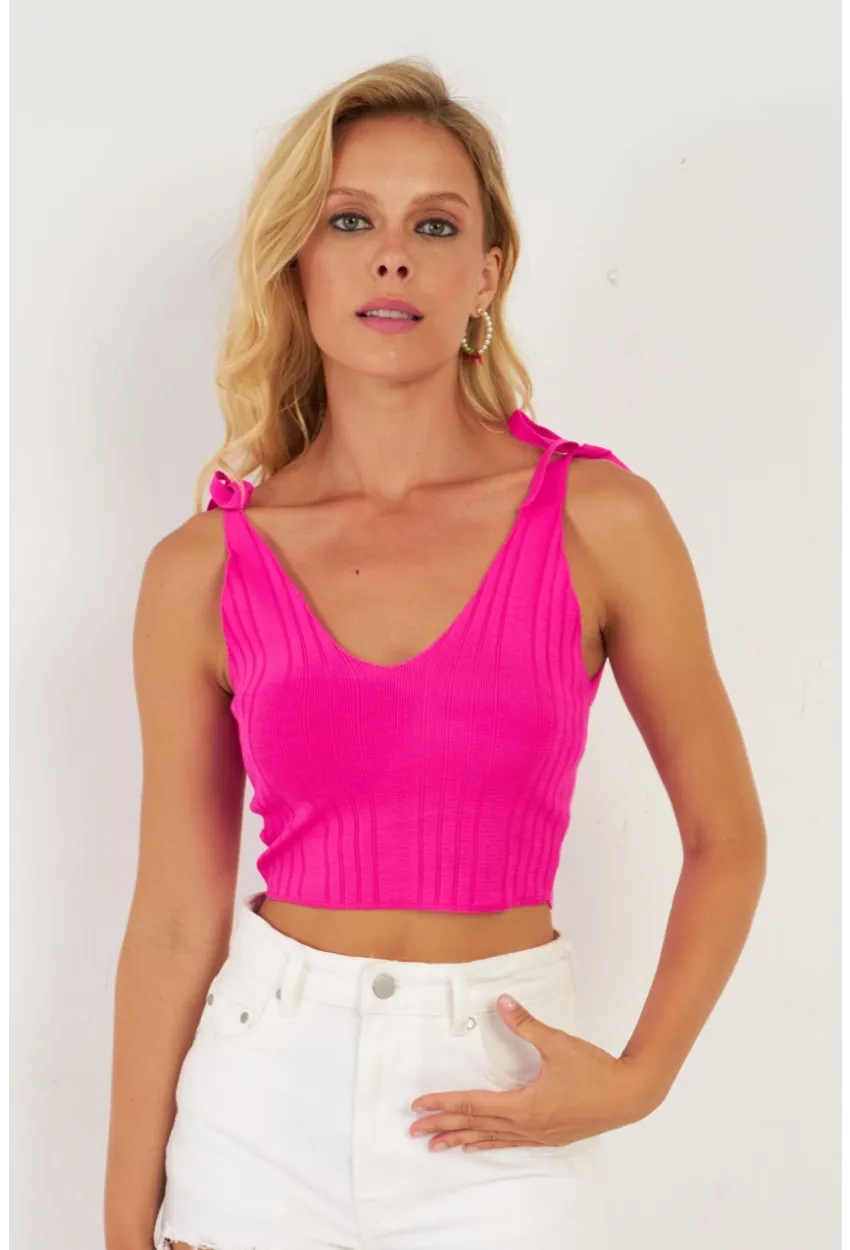 Kadın Fuşya Omuzları Bağlamalı Triko Bluz YV260