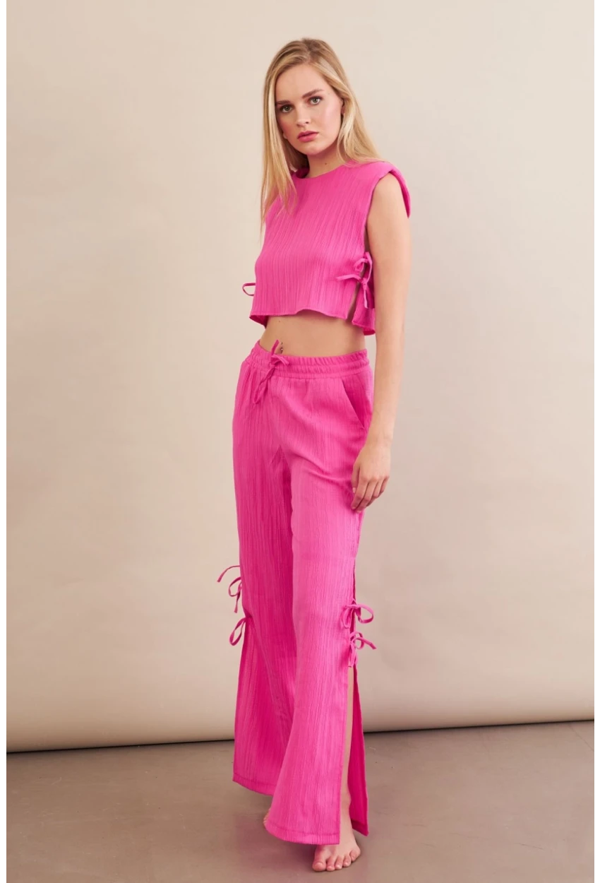 Kadın Fuşya Omuzları Vatkalı Bağlama Detaylı Alt Üst Takım KED002