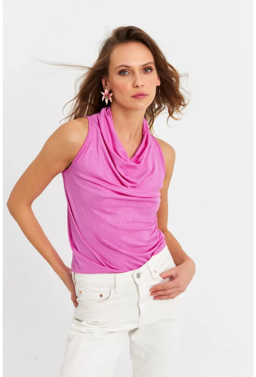 Kadın Fuşya Sırt Pencereli Desenli Bluz LPP1021