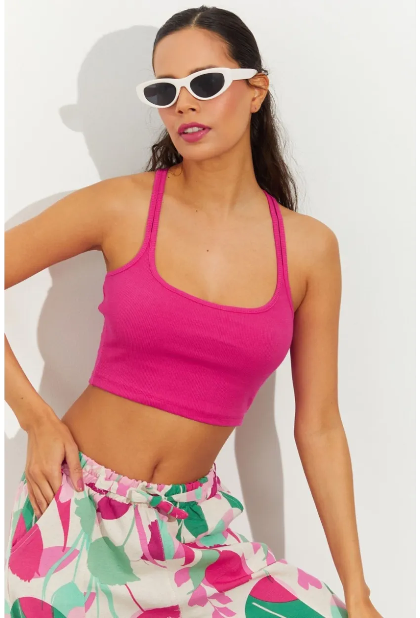 Kadın Fuşya Sırtı Halkalı Kaşkorse Crop Bluz B2552