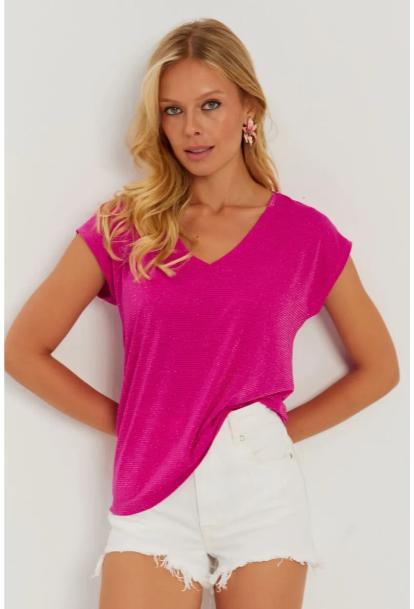 Kadın Fuşya V Yaka Simli Bluz RX436