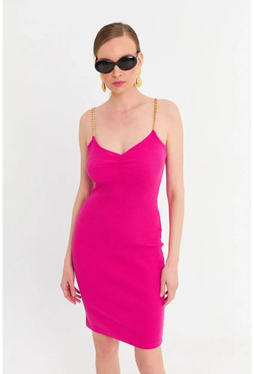 Kadın Fuşya Zincir Askılı Kaşkorse Midi Elbise UR204