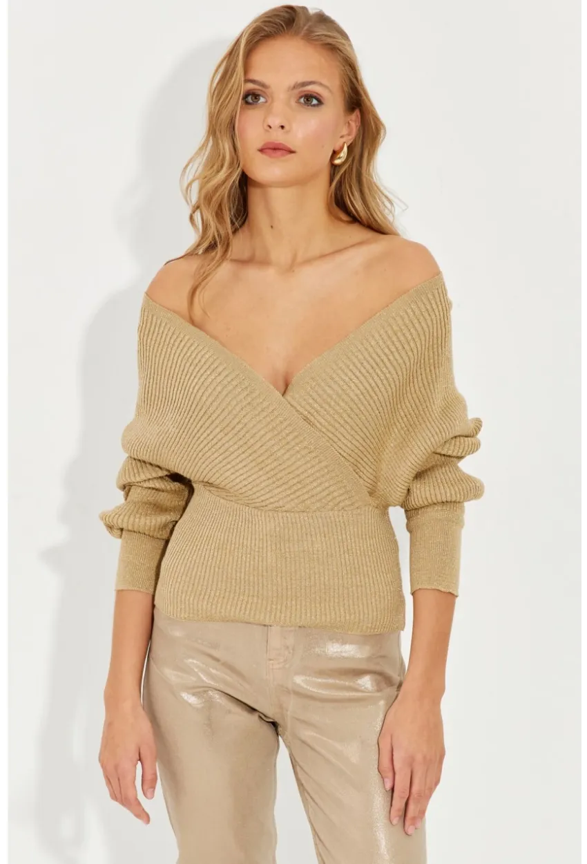 Kadın Gold Rengi Kruvaze Simli Kazak KED125