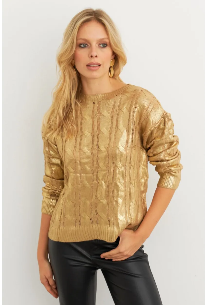 Kadın Gold Rengi Saç Örgülü Vatkalı Triko Bluz RM618