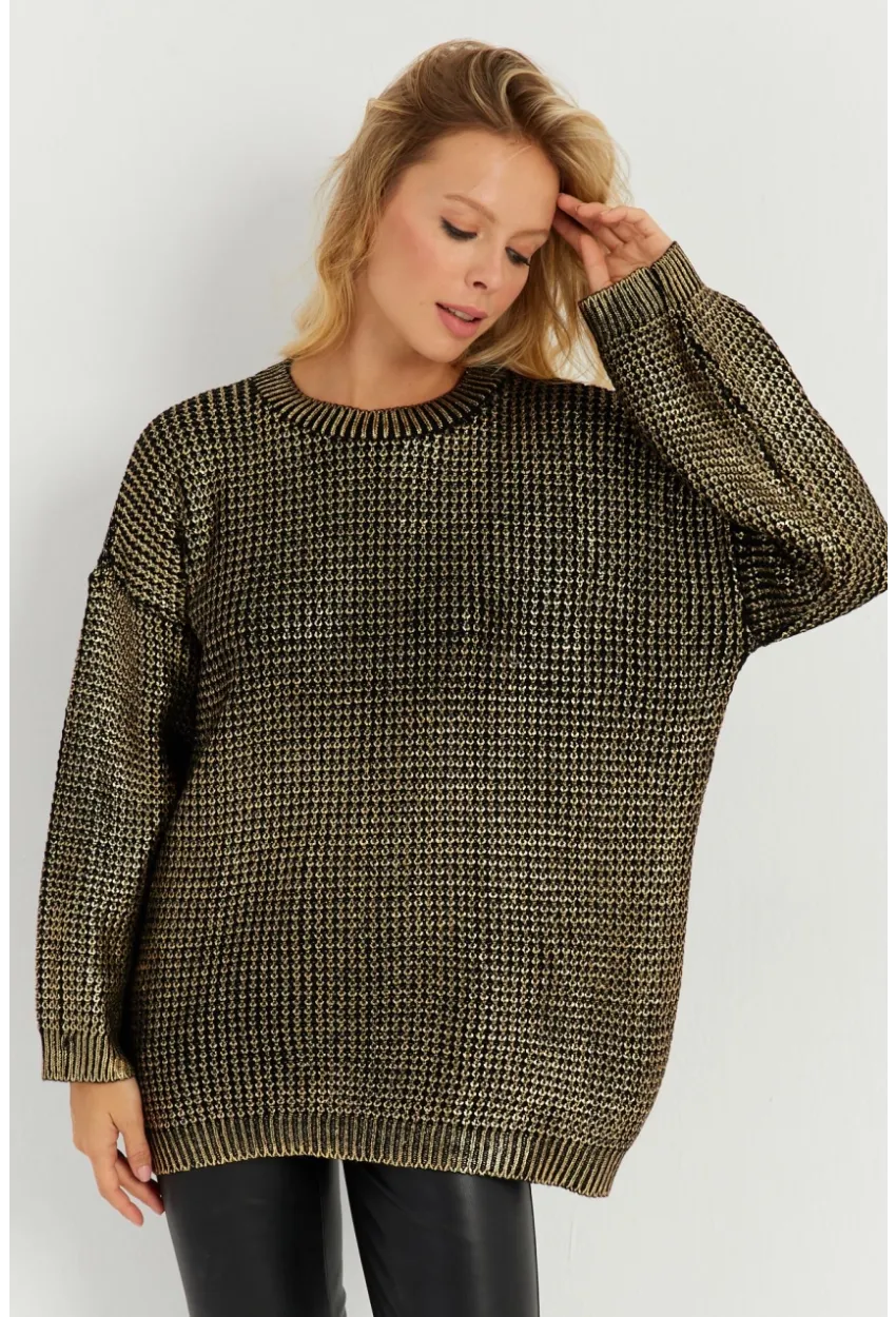 Kadın Gold Rengi Varaklı Triko Kazak SF2534