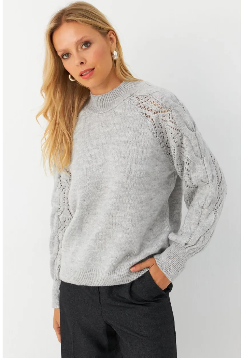 Kadın Gri Ajurlu Triko Kazak MAYD17