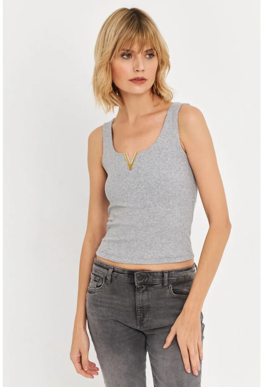 Kadın Gri Aksesuarlı Kaşkorse Bluz RLO116