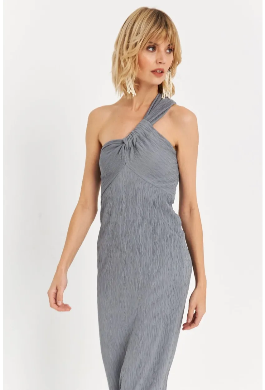 Kadın Gri Asimetrik Yaka Maxi Elbise NH25455