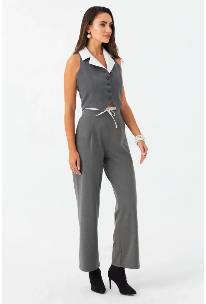 Kadın Gri Beli Bağlamalı Palazzo Pantolon ELA3972