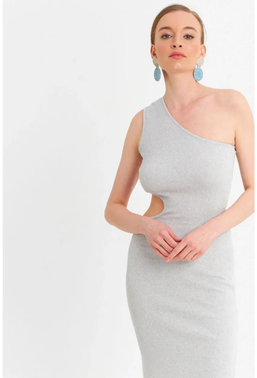 Kadın Gri Dekolteli Kaşkorse Midi Elbise OR2460