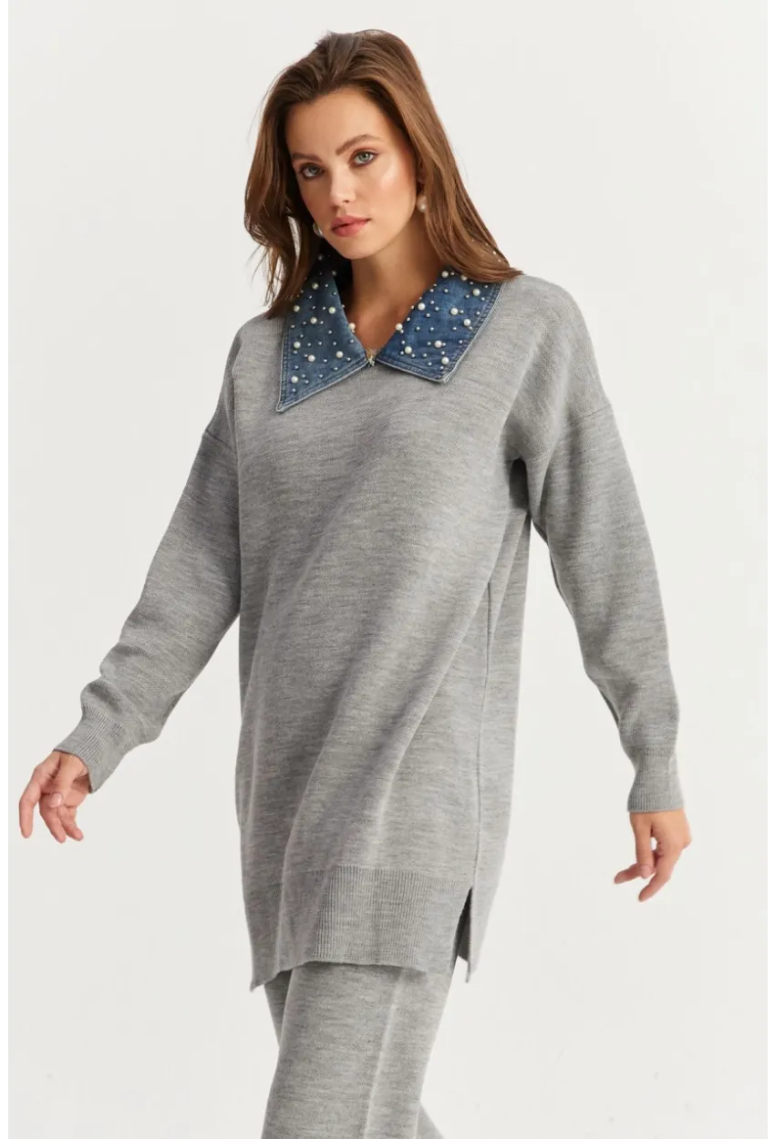 Kadın Gri Denim Yakalı İncili Alt Üst Triko Takım NUV22