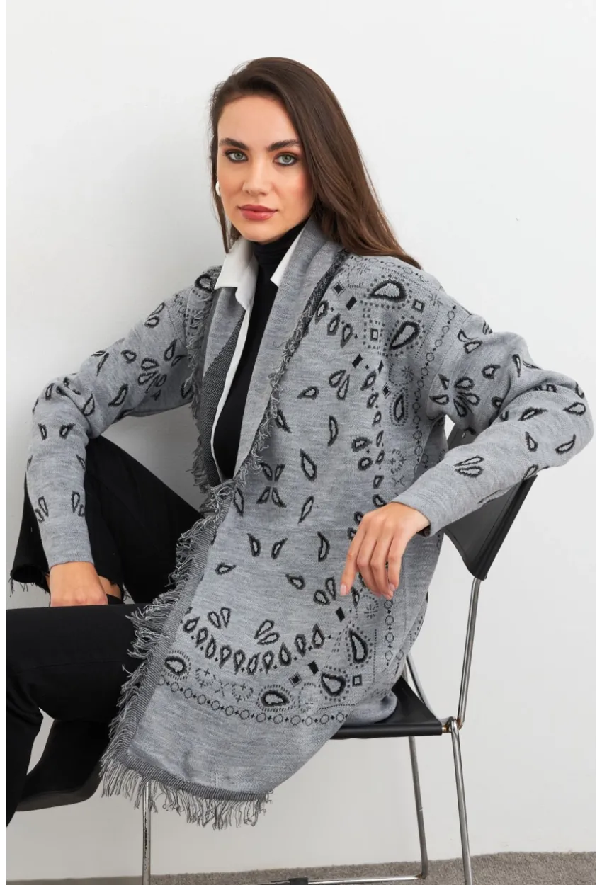 Kadın Gri Desenli Triko Hırka MVI14209