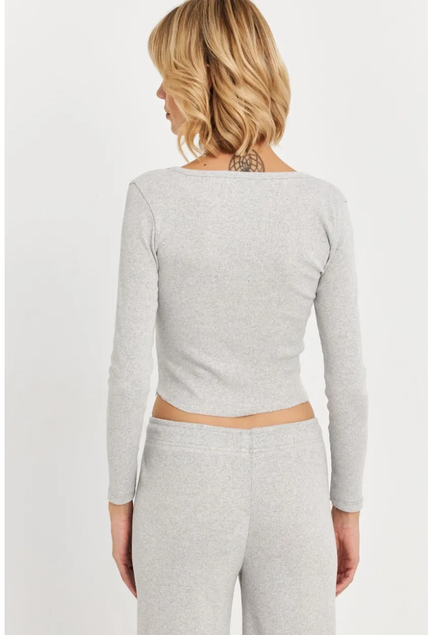 Kadın Gri Düğme Detaylı Basic Bluz ALB3814