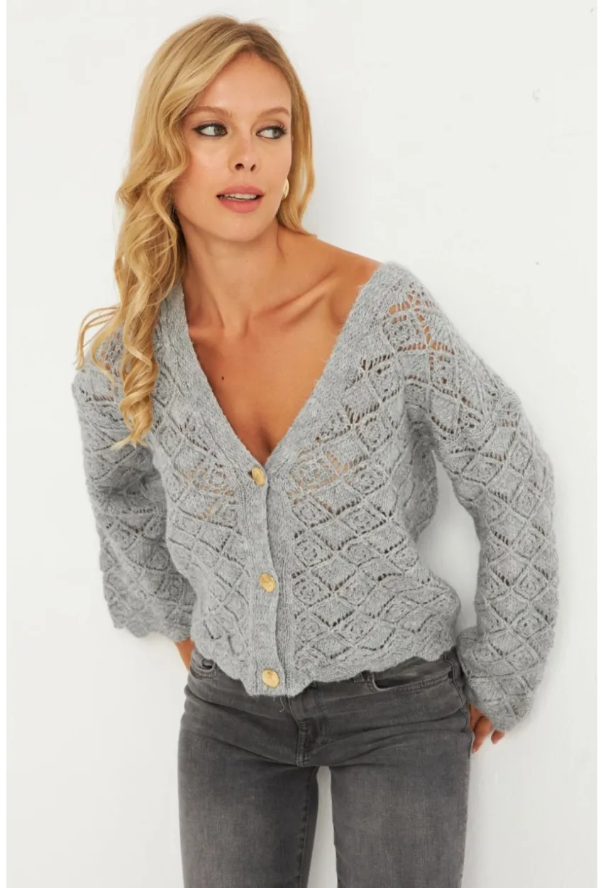 Kadın Gri Düğme Detaylı Hırka YV276