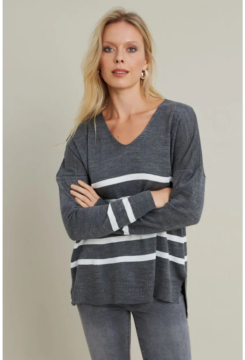 Kadın Gri-Ekru V Yaka Çizgili Triko Kazak MYİL550