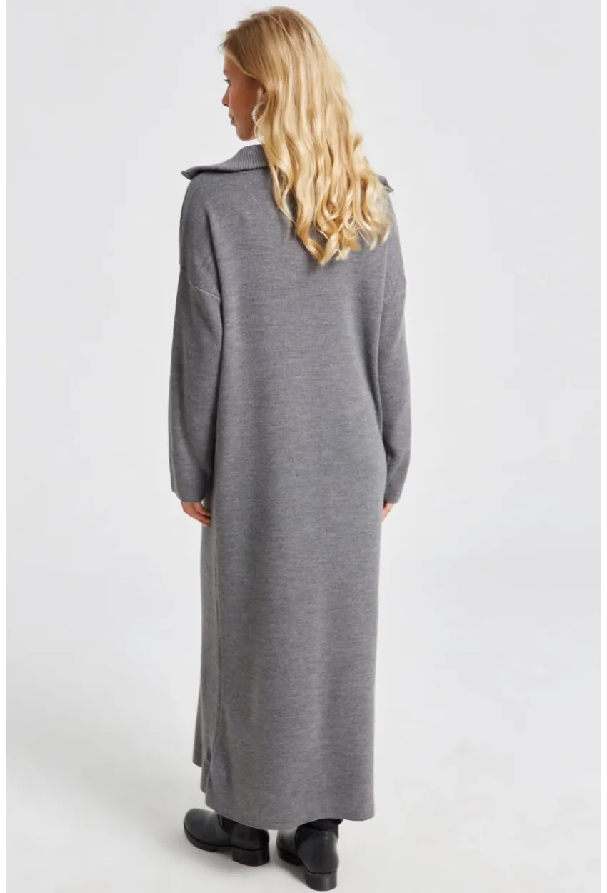 Kadın Gri Fermuarlı Triko Maxi Elbise SF2525