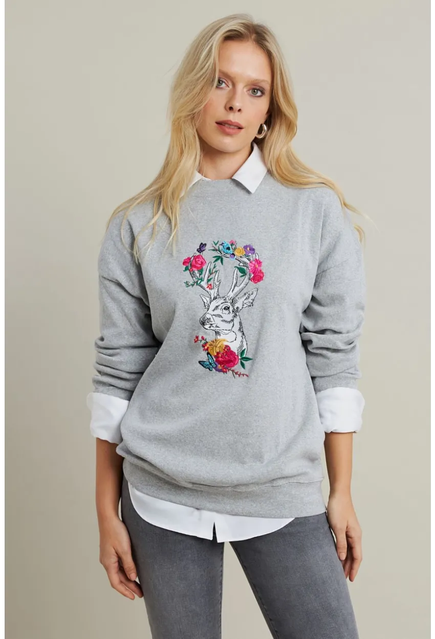 Kadın Gri-Fuşya Nakışlı Sweatshirt YLE20