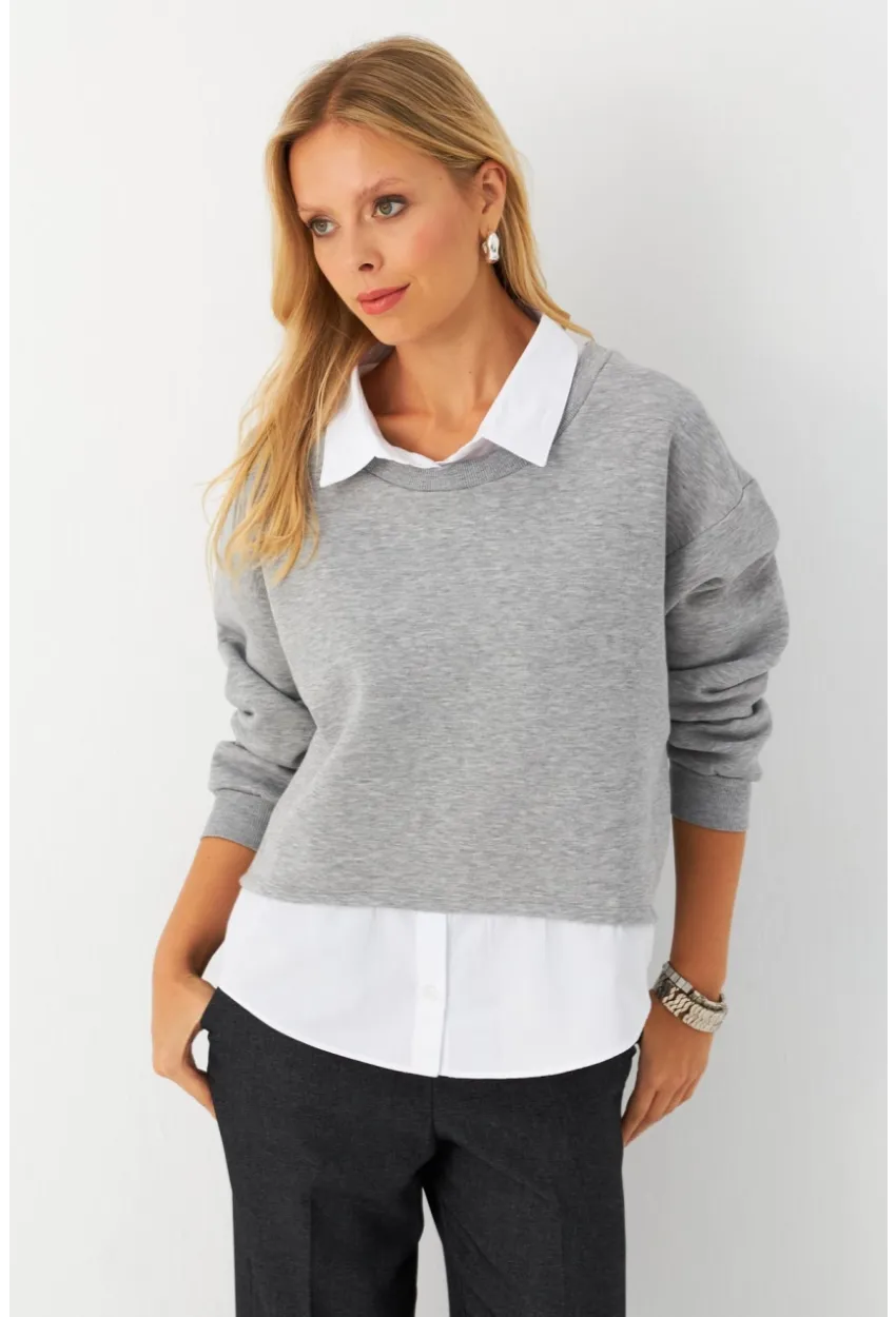 Kadın Gri Gömlek Detaylı Sweatshirt MAYD21