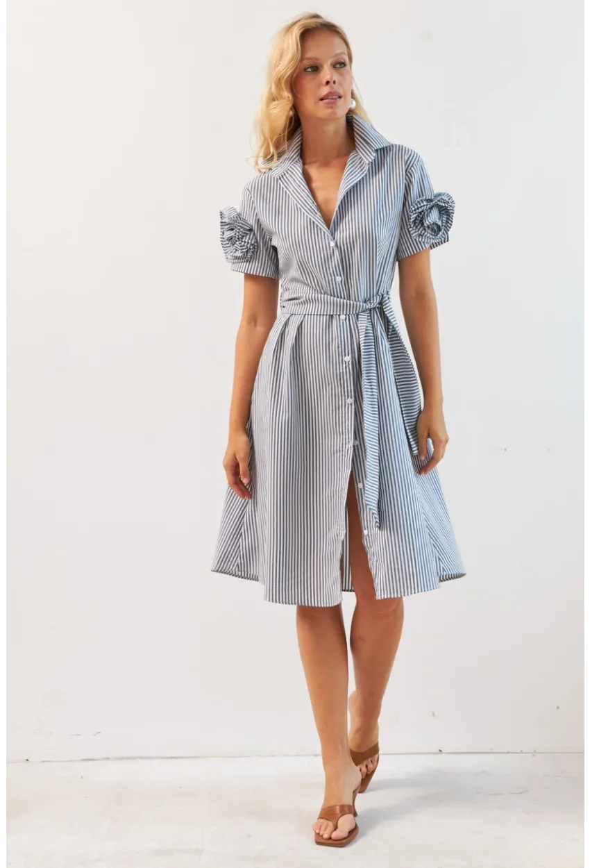 Kadın Gri Gül Detaylı Midi Gömlek Elbise SF12812