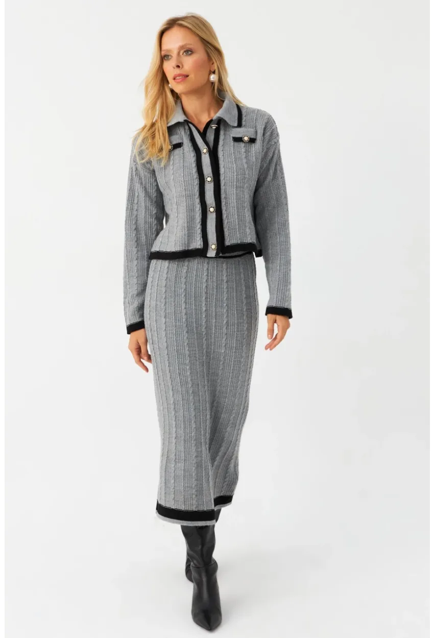 Kadın Gri İkili Alt Üst Triko Takım NUV34