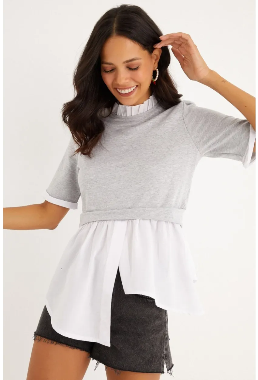 Kadın Gri İkili Asimetrik İki İplik Bluz B1454