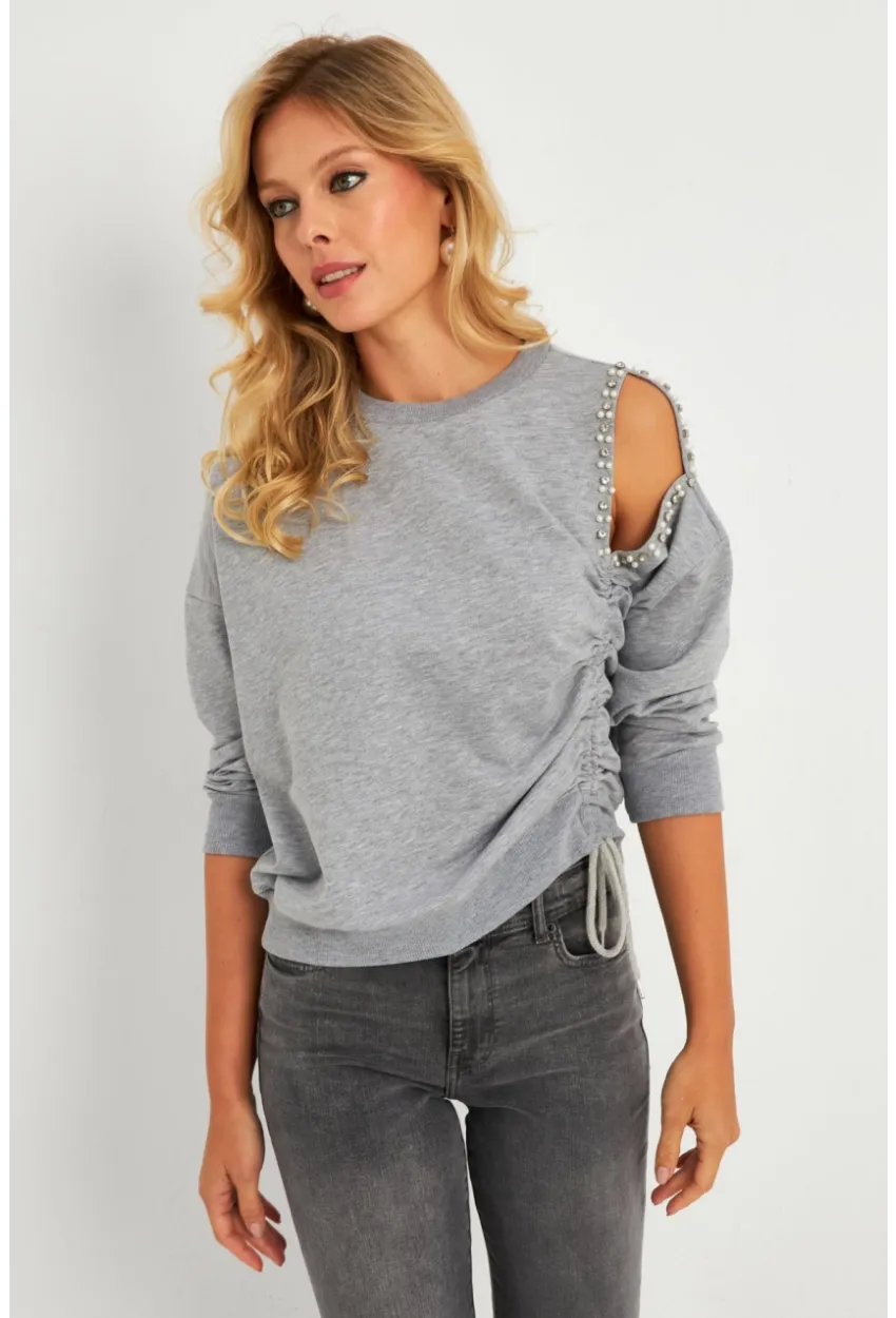 Kadın Gri İnci Detaylı Büzgülü Sweatshirt RLO04