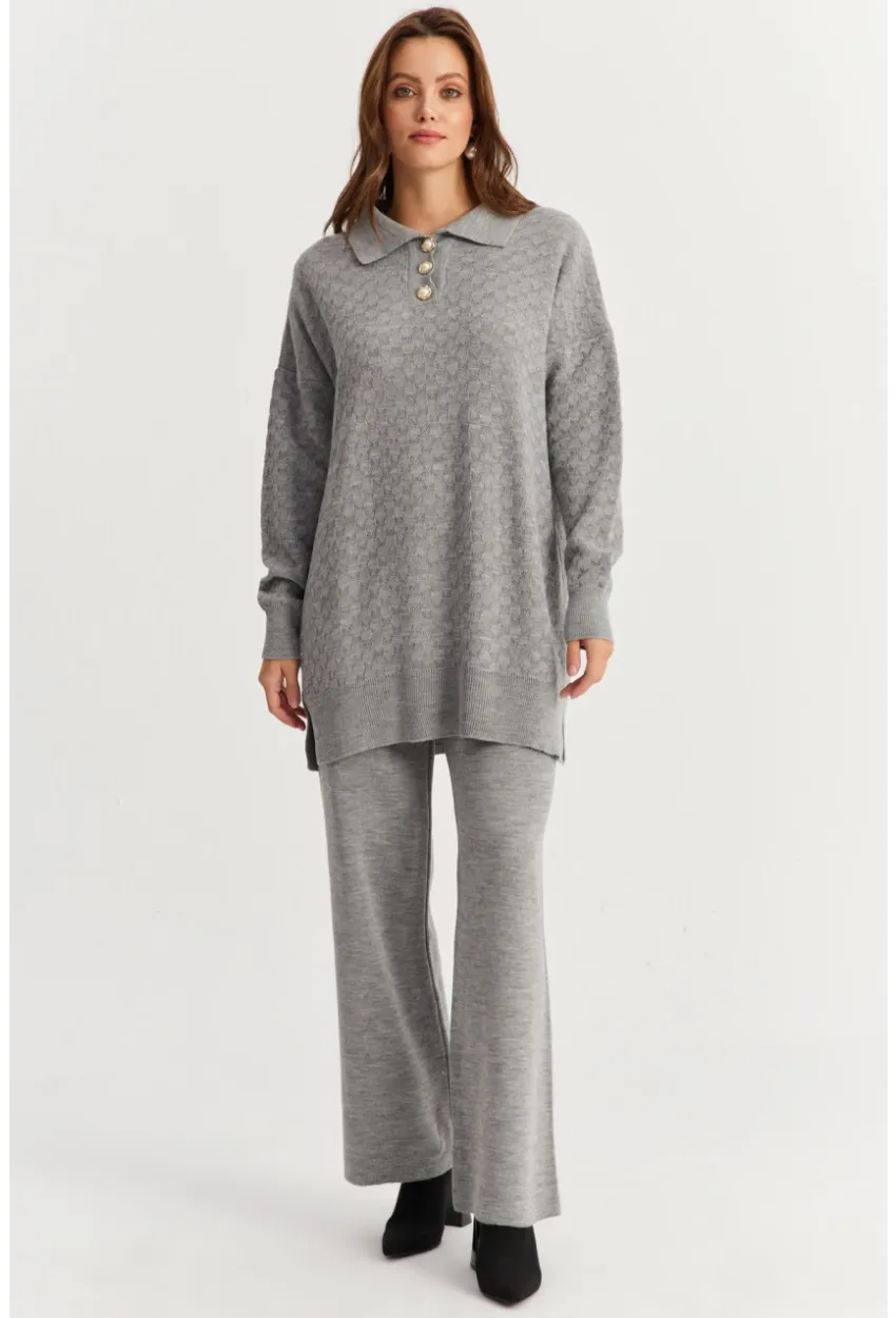 Kadın Gri İnci Düğmeli Triko Alt Üst Takım MNUV33