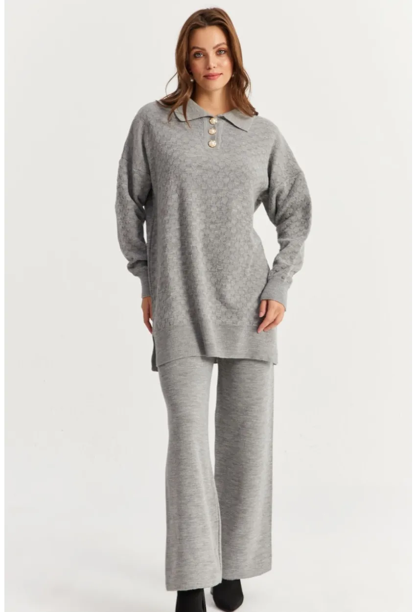 Kadın Gri İnci Düğmeli Triko Alt Üst Takım MNUV33