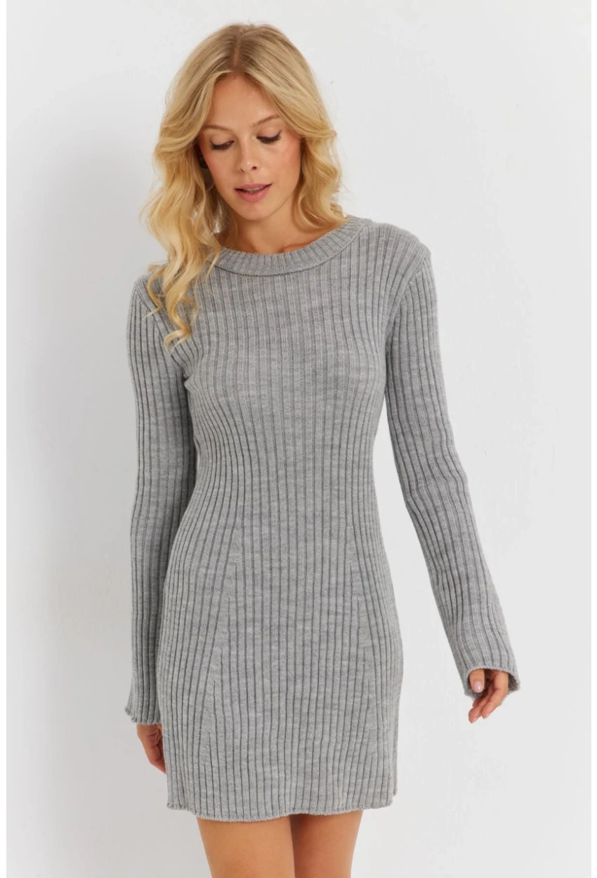Kadın Gri İspanyol Kol Triko Mini Elbise YV273