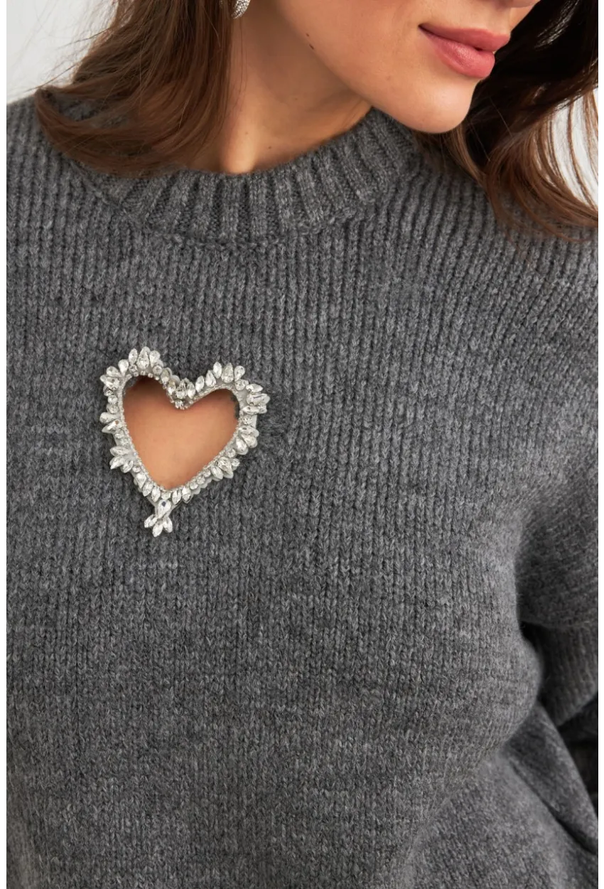 Kadın Gri Kalp Pencereli Kazak TEM101