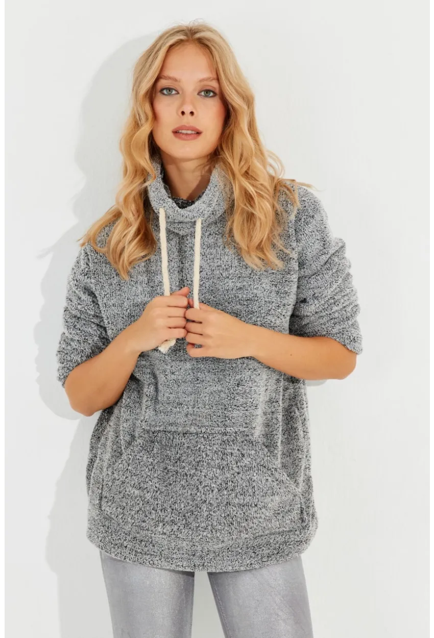 Kadın Gri Kanguru Cep Peluş Sweatshirt Q978
