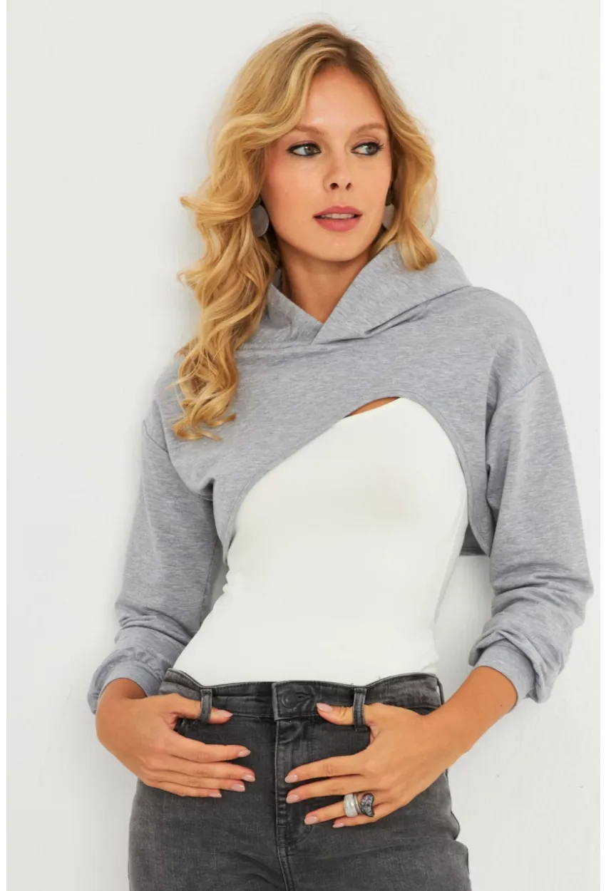 Kadın Gri Kapüşonlu Crop Sweatshirt  TF03