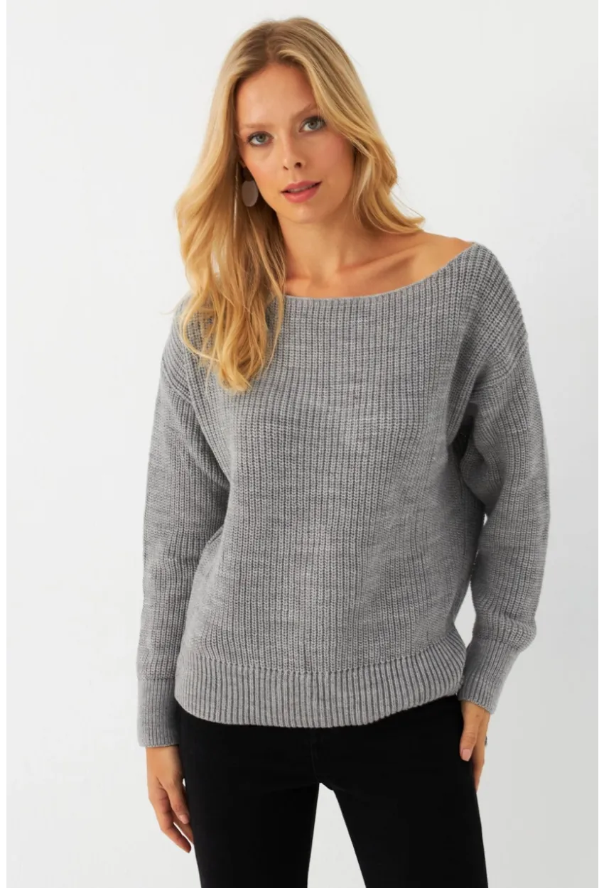 Kadın Gri Kayık Yaka Kazak AYD392