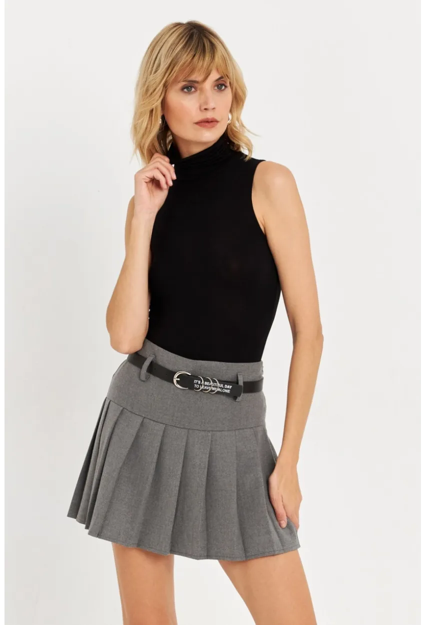 Kadın Gri Kemerli Pilili Mini Etek ELA6024