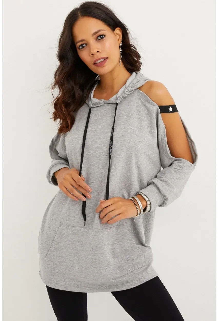 Kadın Gri Kolları Açık Kapüşonlu Sweatshirt Yİ2356