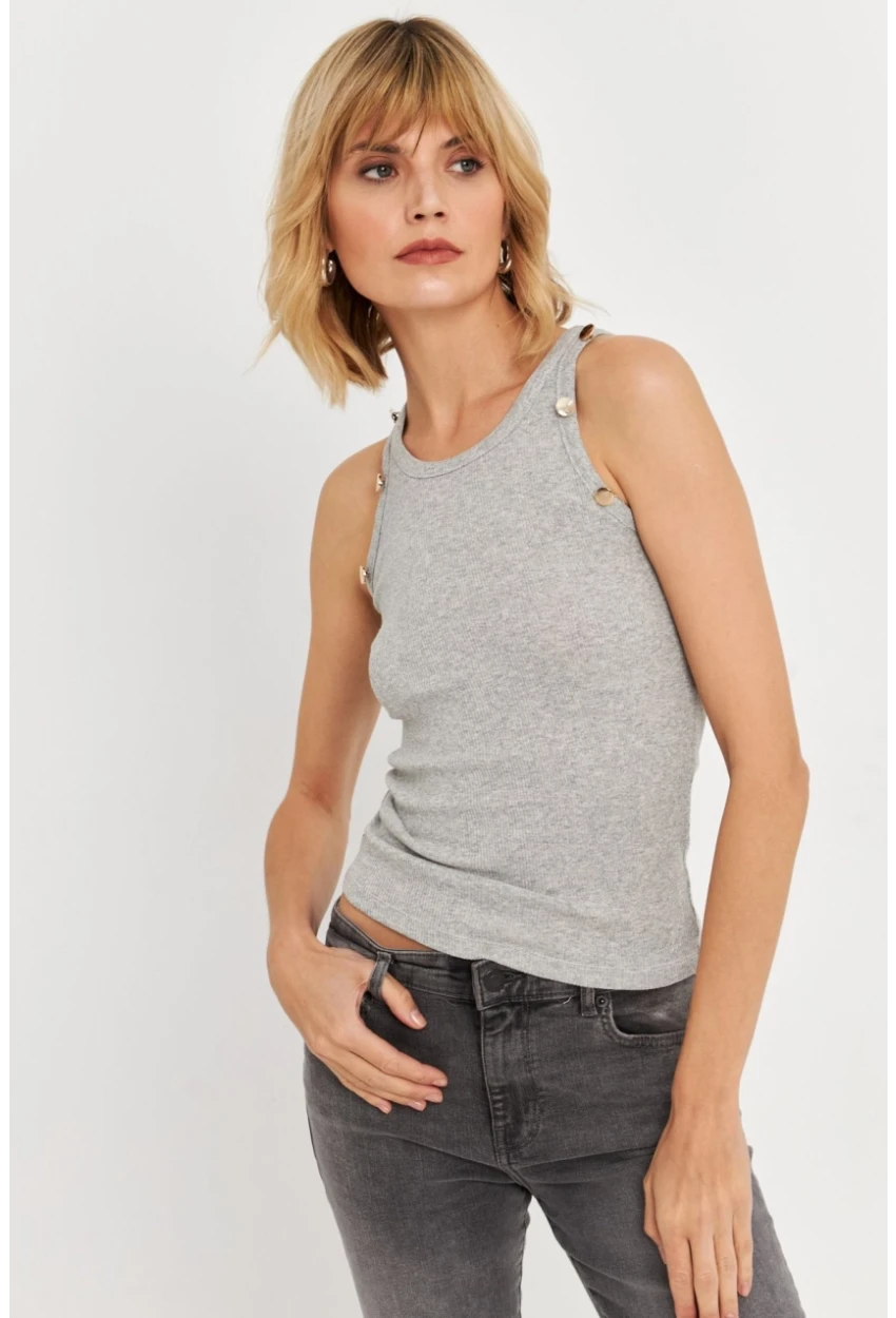 Kadın Gri Melanj Düğme Detaylı Kolsuz Kaşkorse Bluz TF55