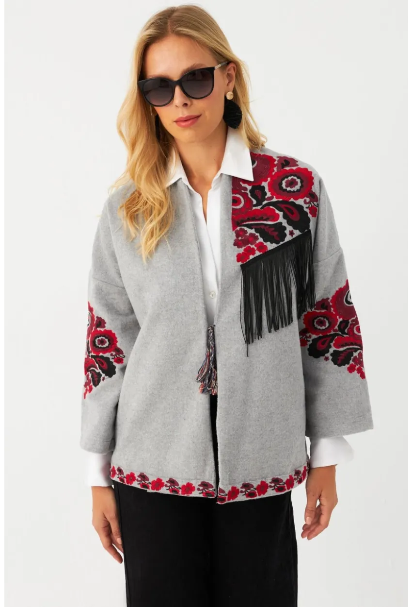 Kadın Gri Nakışlı Kaşe Ceket MQS5563
