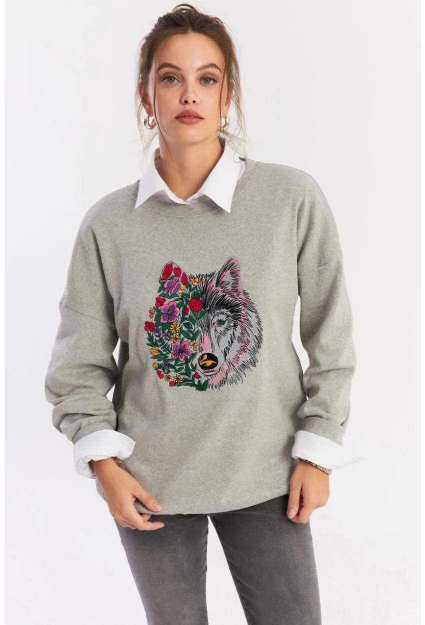 Kadın Gri Nakışlı Sweatshirt YLE20
