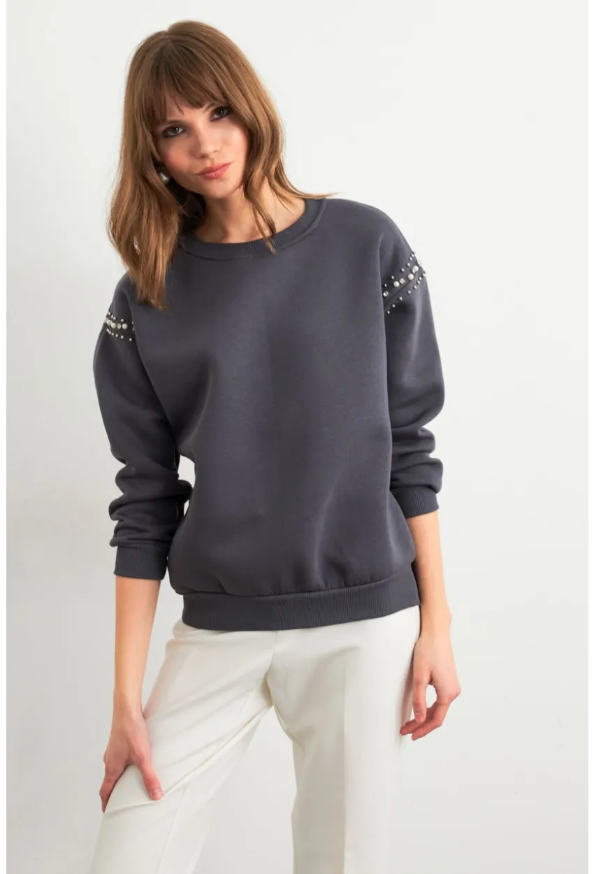 Kadın Gri Omuzları İnci Detaylı Sweatshirt MDY1424
