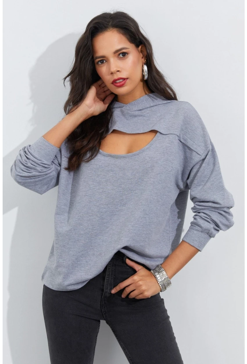 Kadın Gri Önü Pencereli Kapüşonlu Sweatshirt Yİ2486