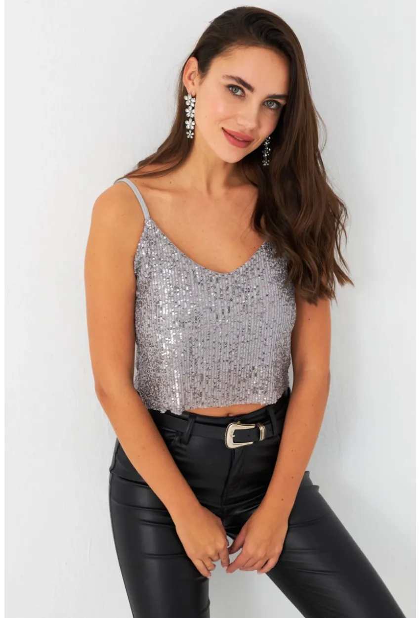 Kadın Gri Payetli Büstiyer SHR10