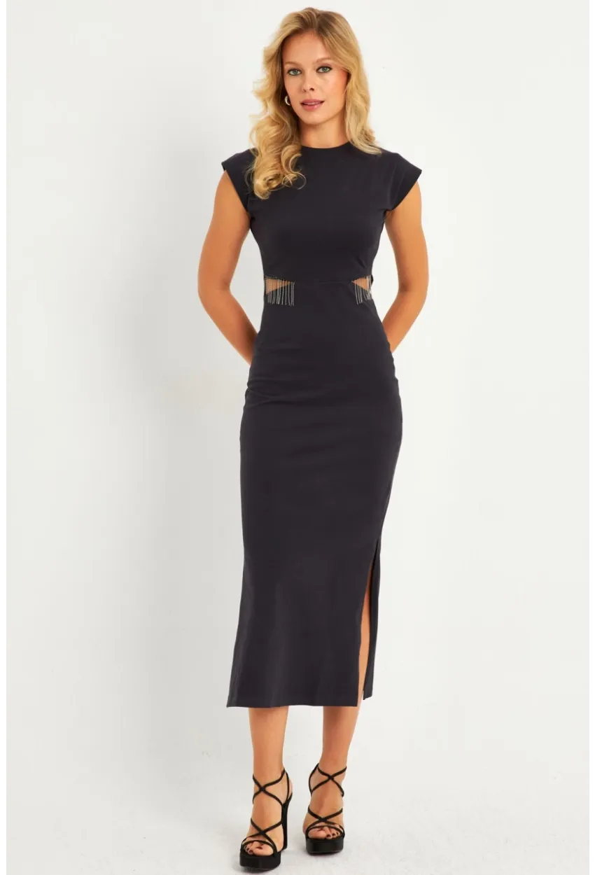 Kadın Gri Pencereli Aksesuarlı Midi Elbise YLE22